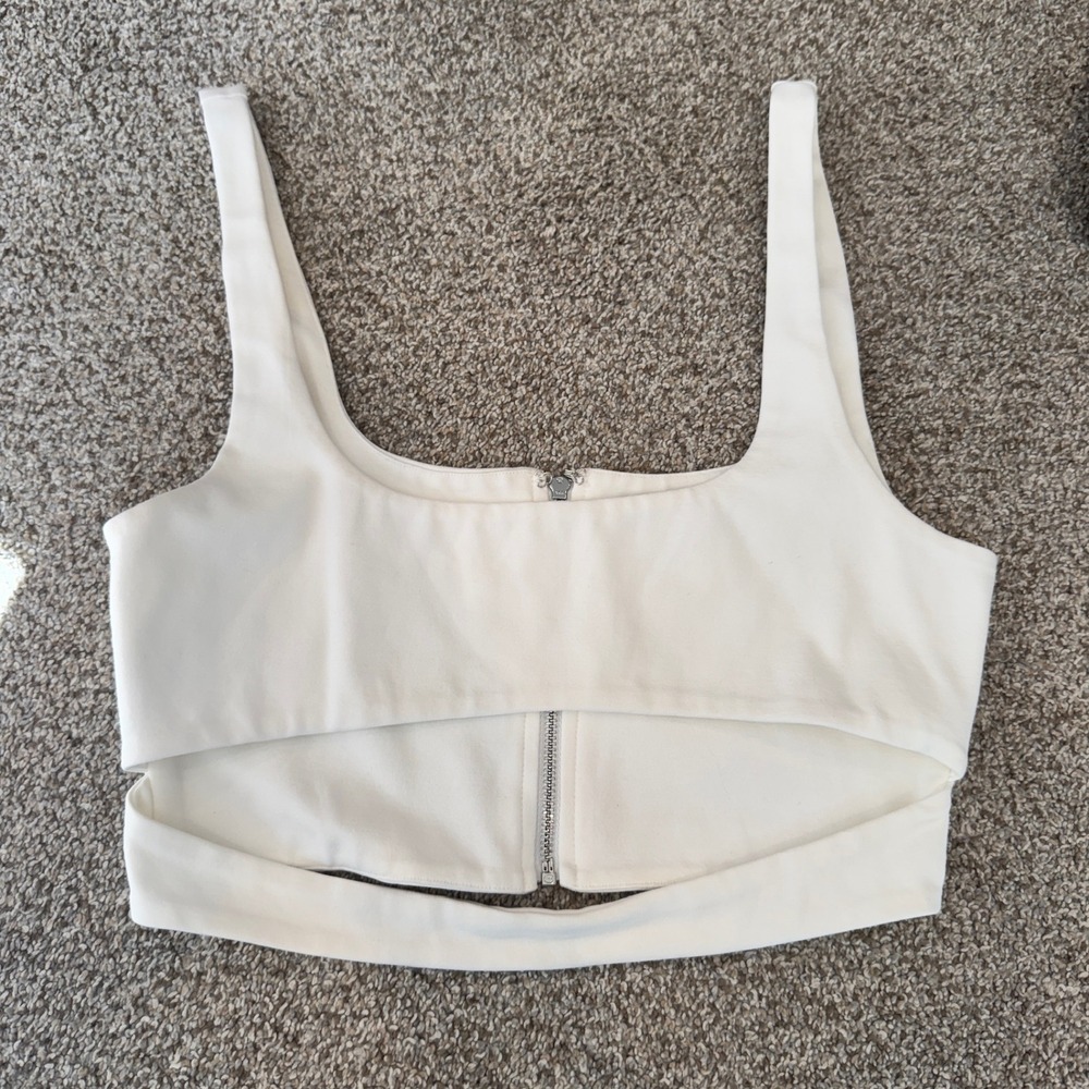 h:ours White Cutout Front Zip Crop Top Square Neck Sleeveless Small